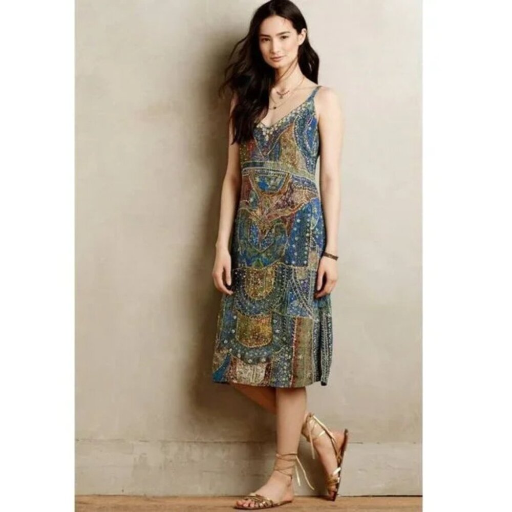 Anthropologie Leifsdottir Senna Beaded Silk Dress Lined Sleeveless 16 Midi blues